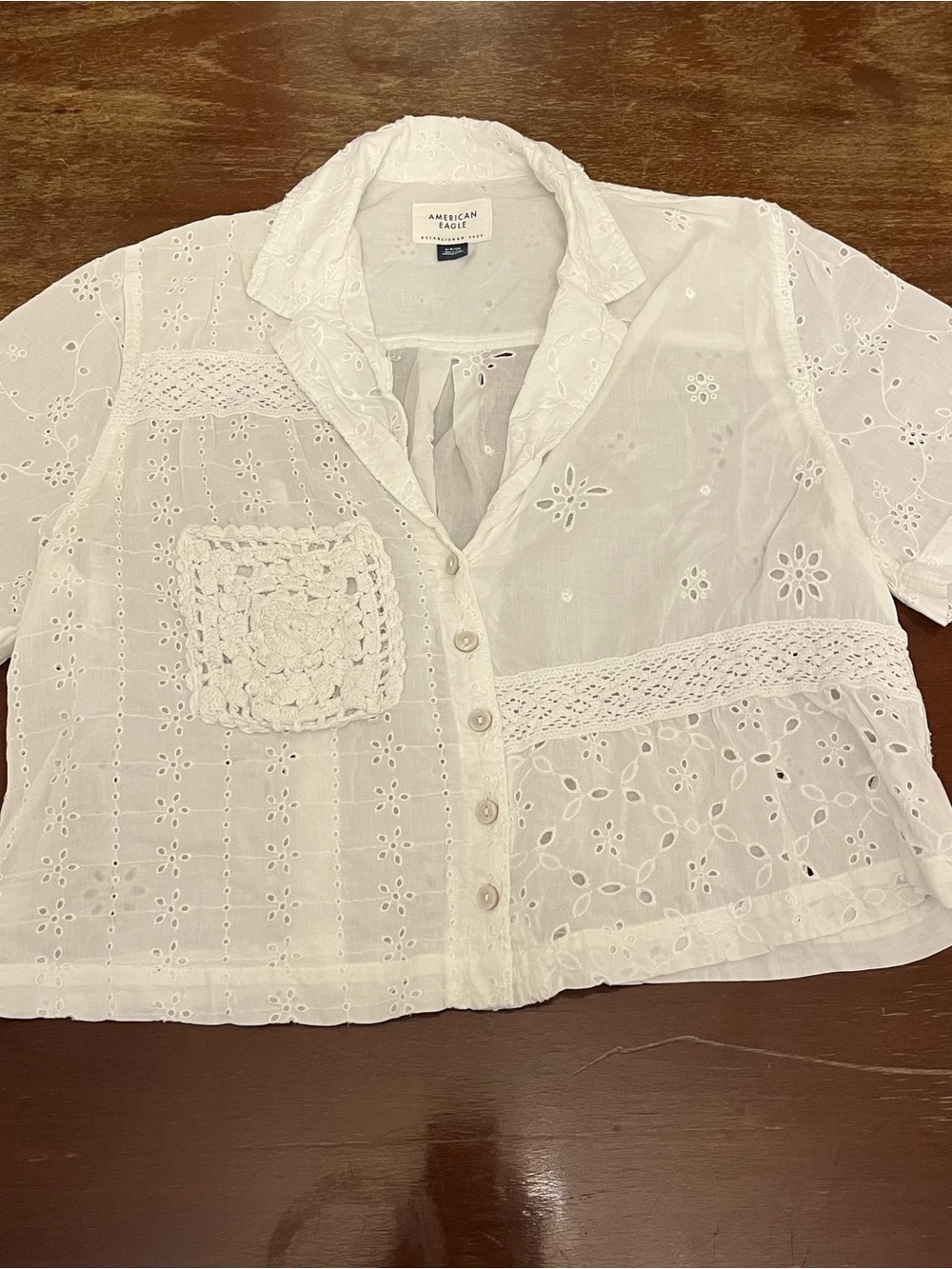 American Eagle Outfitters White Eyelet Crochet Button-Down Shirt